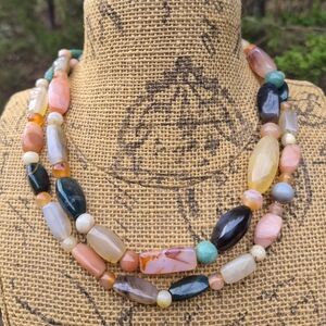 Vintage 70s Bohemian Tumbled Polished Gemstone Agate Quartz Bloodstone Necklace